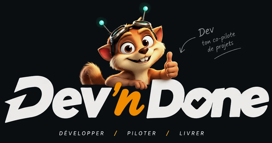 Dev, la mascotte de Dev'n Done, pouce levé au-dessus du logo